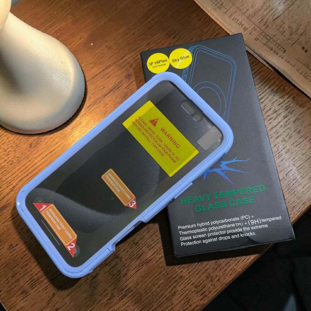 iPhone 16 Plus Sky Blue Heavy Tempered Glass Case, Anti Peeping Privacy Screen